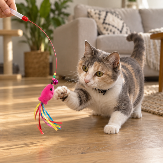 VARITA INTERACTIVA CON RATÓN Y CASCABEL PARA GATOS